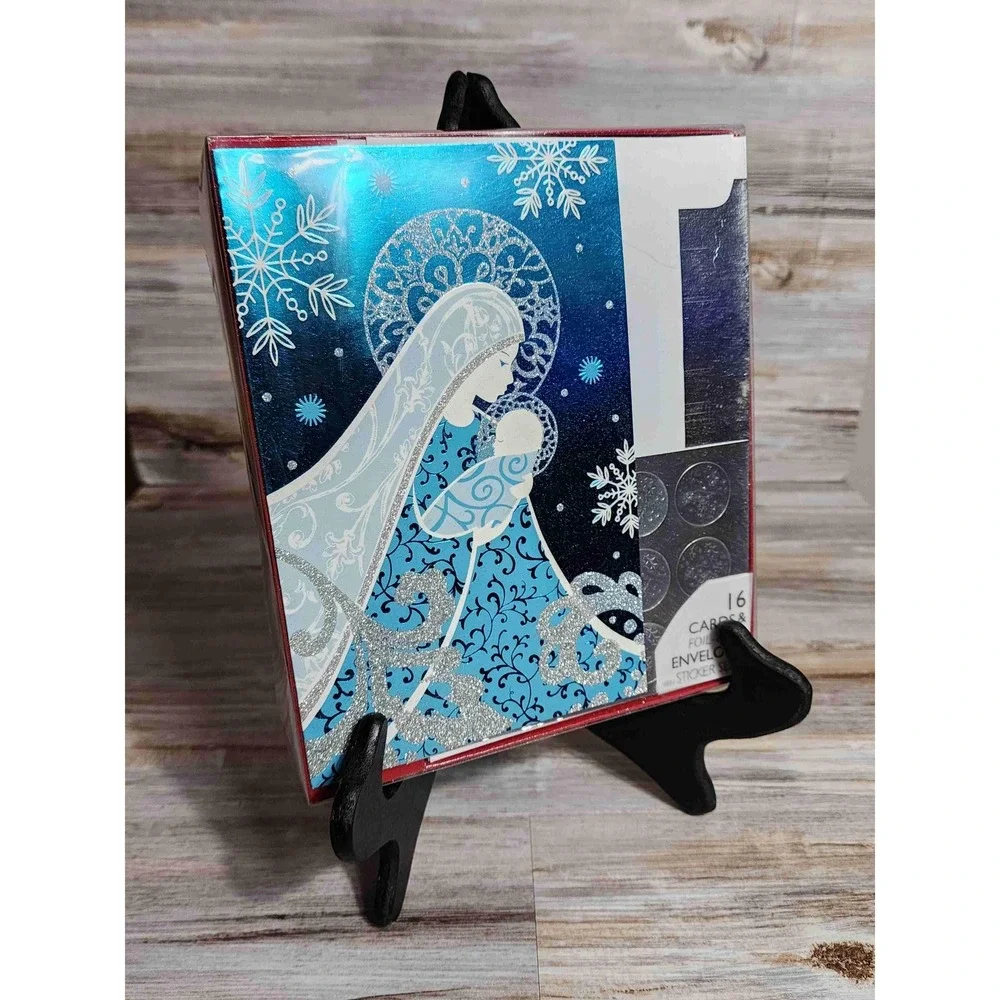 NEW Gorgeous Mary Baby Jesus Glitter Foil Christmas Cards Sticker Seals Set 16